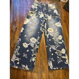 Romwe Floral Wide Leg Jeans 22" Petite Medium Womens Blue High Rise Denim